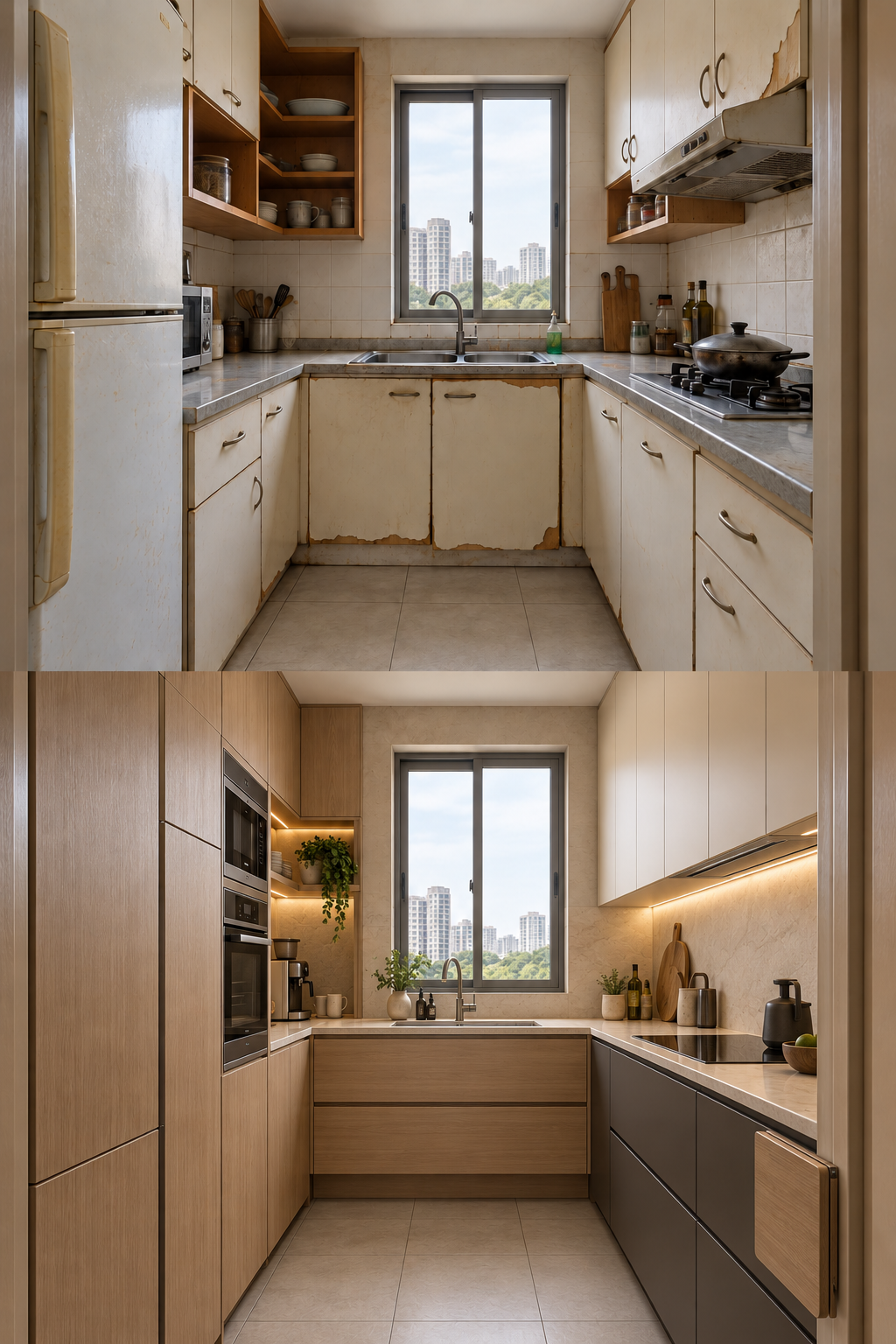 Antes: cozinha pequena de apartamento com armários descascados, ferragens velhas e armazenamento pouco aproveitado